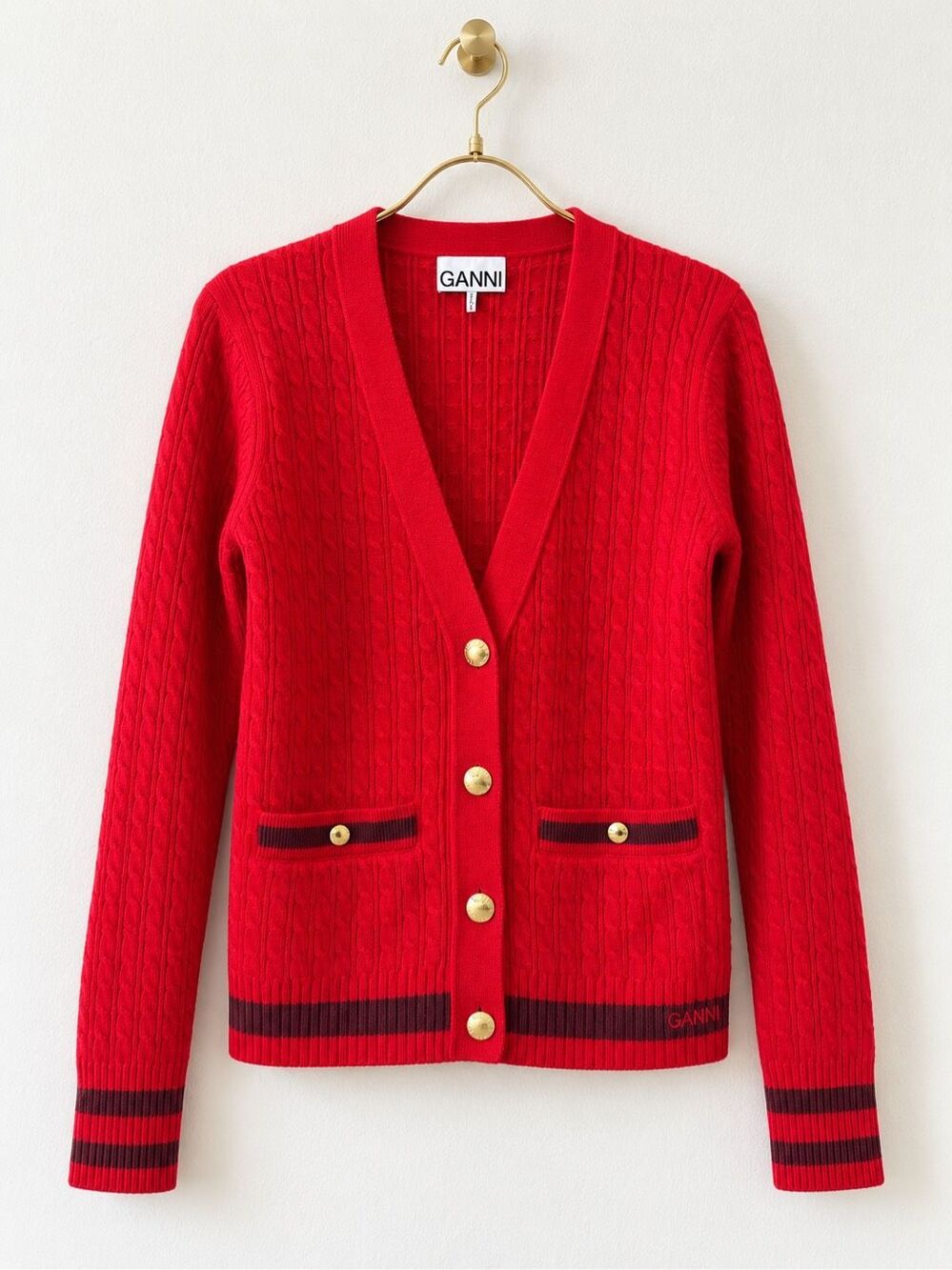 NWOT GANNI Red Cable-Knit Wool Cashmere Blend Button-Front Cardigan, Lrg  F15 $4